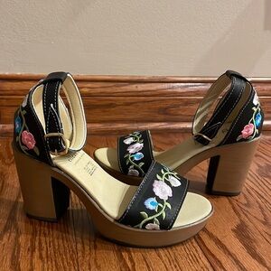 ELLEANOR HANDMADE embroidered leather ankle strap sandals block heel platform 7